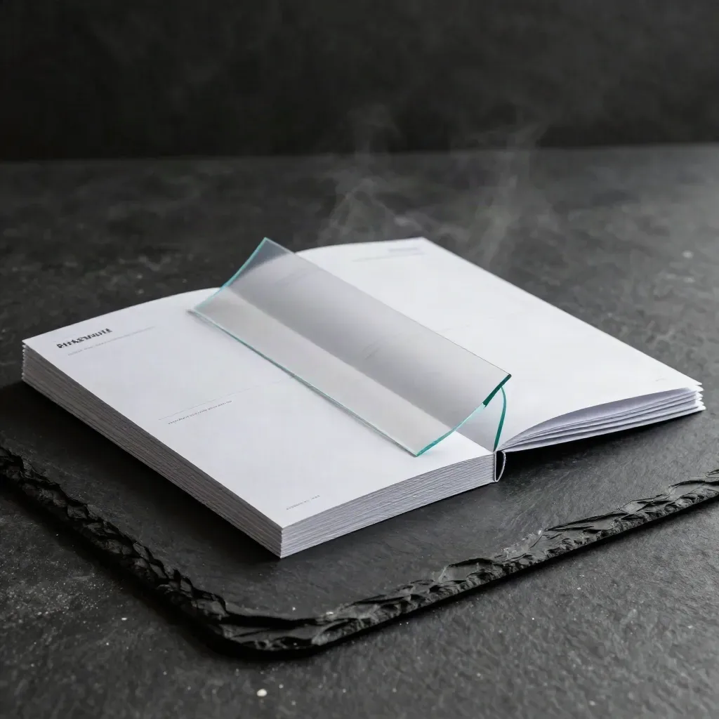 Low-lit UX review kit with folded paper model, translucent overlay, and audit folder on black slate.
