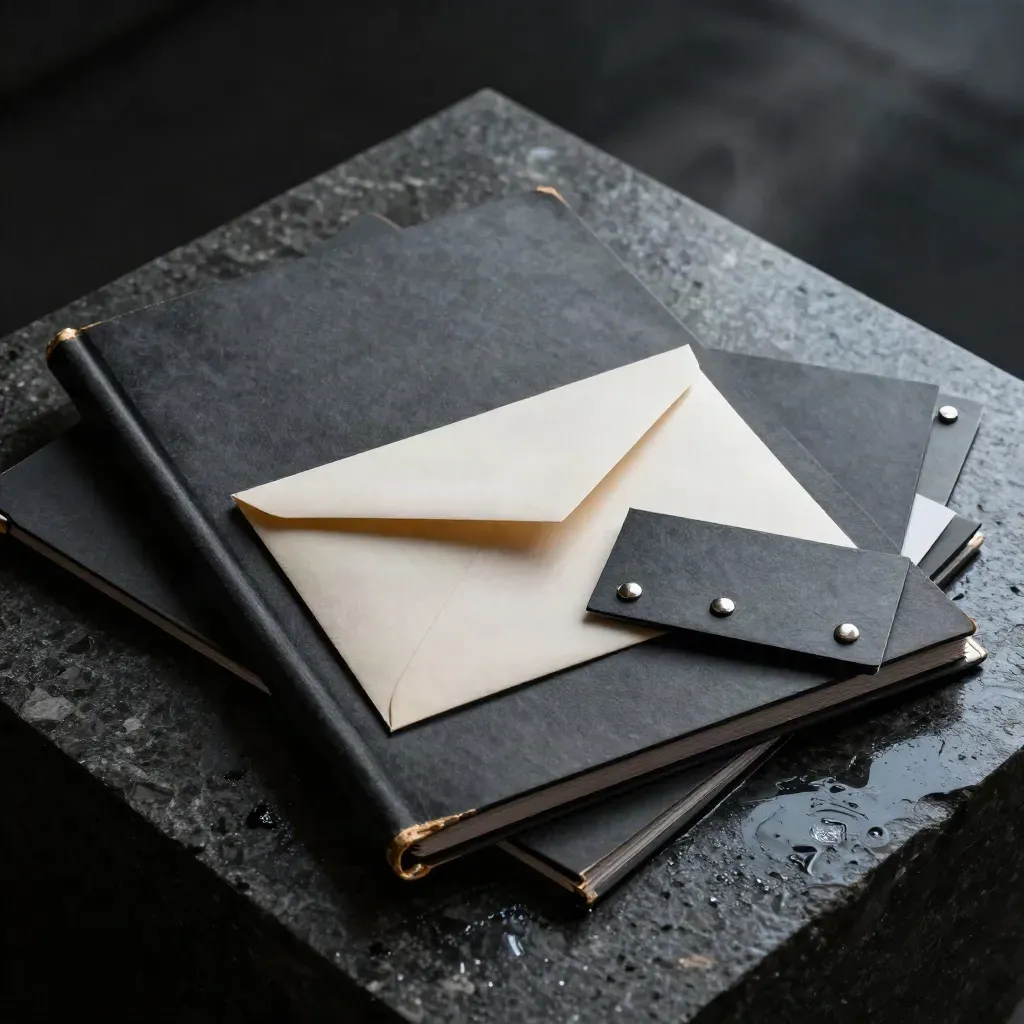 Archival due-diligence box with folder, envelope and sleeves on wet basalt
