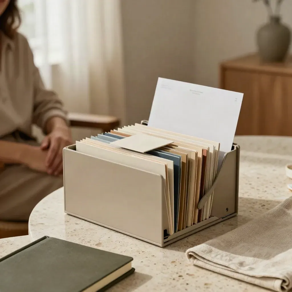 Open startup insight pack with folders and a sample swatch on a travertine table.