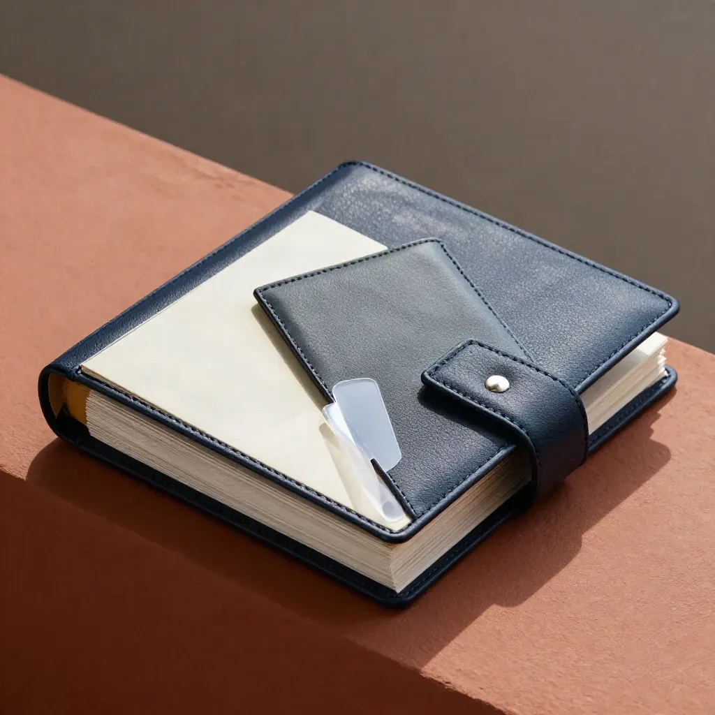 Macro flatlay of an SMB audit binder, booklet, notes pouch and divider on terracotta ledge