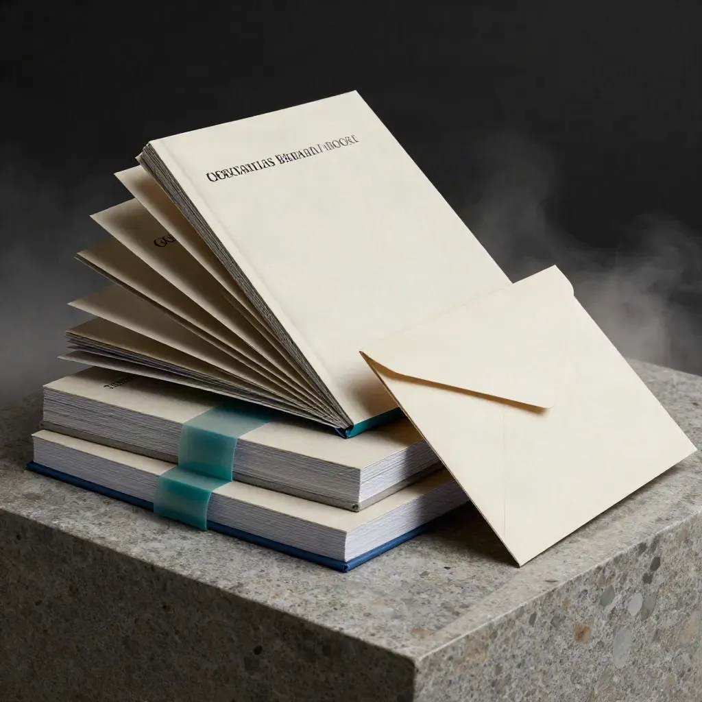 Research report bundle with teal tabs and sealed envelopes bursting on a stone plinth.
