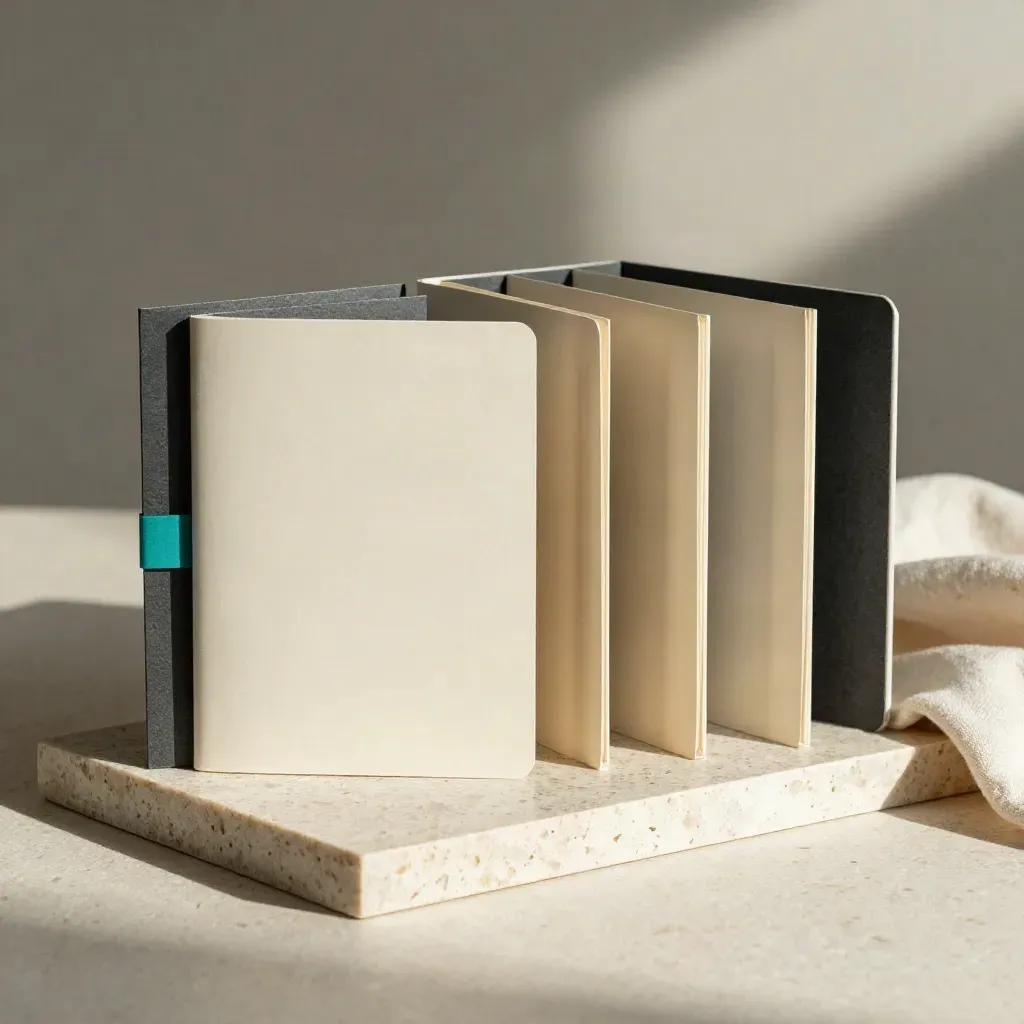 Founder interview kit with four folders, box, and two note pads on travertine.