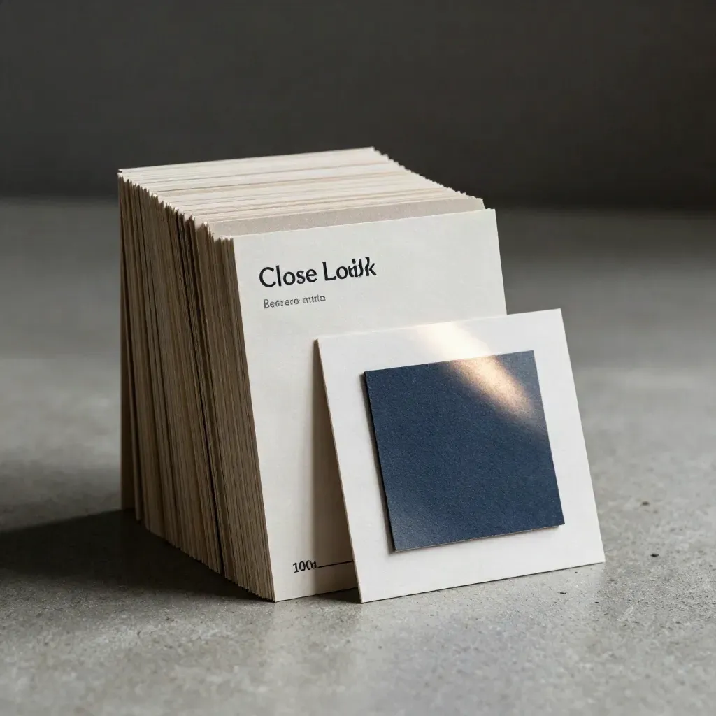 Nested market-research cards, folded sheet, and square swatch on concrete