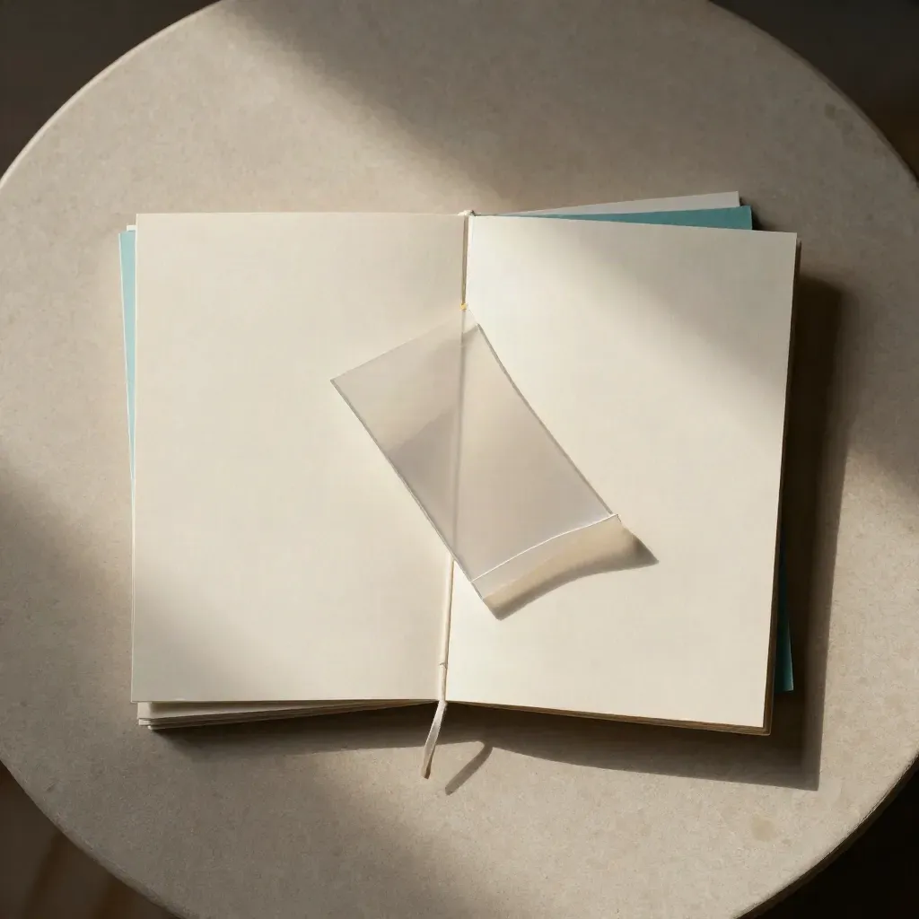 Overhead flatlay of a paper test pack with blank cards, acetate slips and a loosened band.