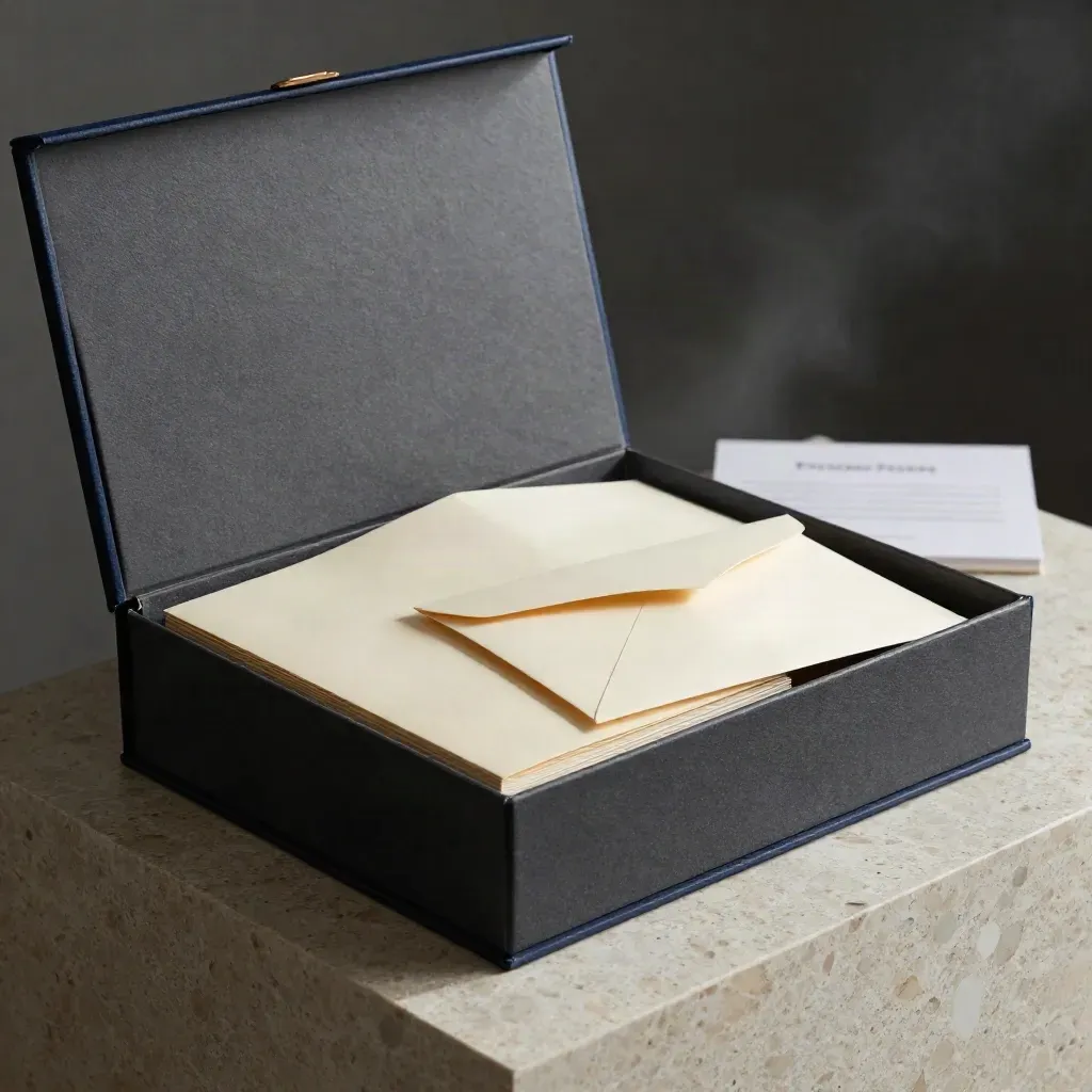 Archival due diligence box with folders and envelope on travertine in a moody studio setup