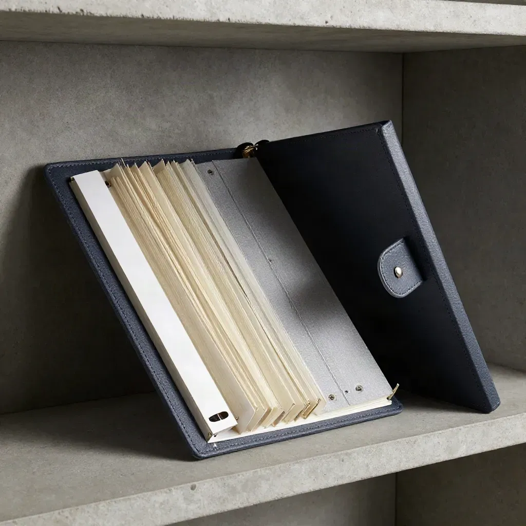 Tabbed research binder on a concrete shelf with soft daylight and haze.
