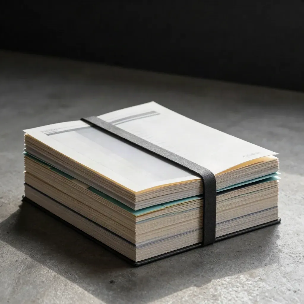 Audit dossier stack with teal tabs and translucent pouch on cool concrete.