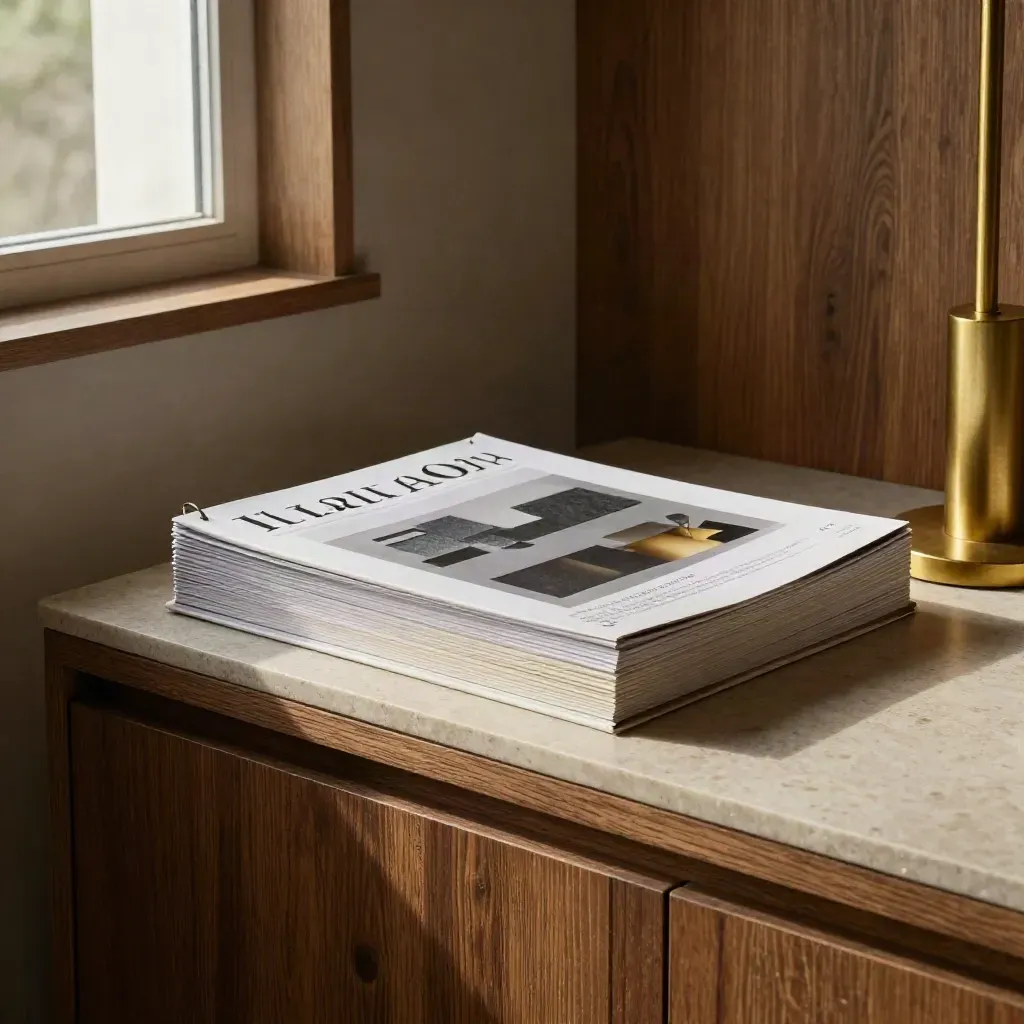Warm oak library corner with insight dossiers on a limestone shelf in soft window light