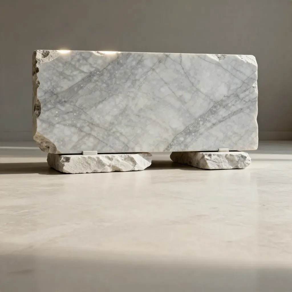 Marble slab with stacked stone form and calm cream copy space under soft upper-left light.