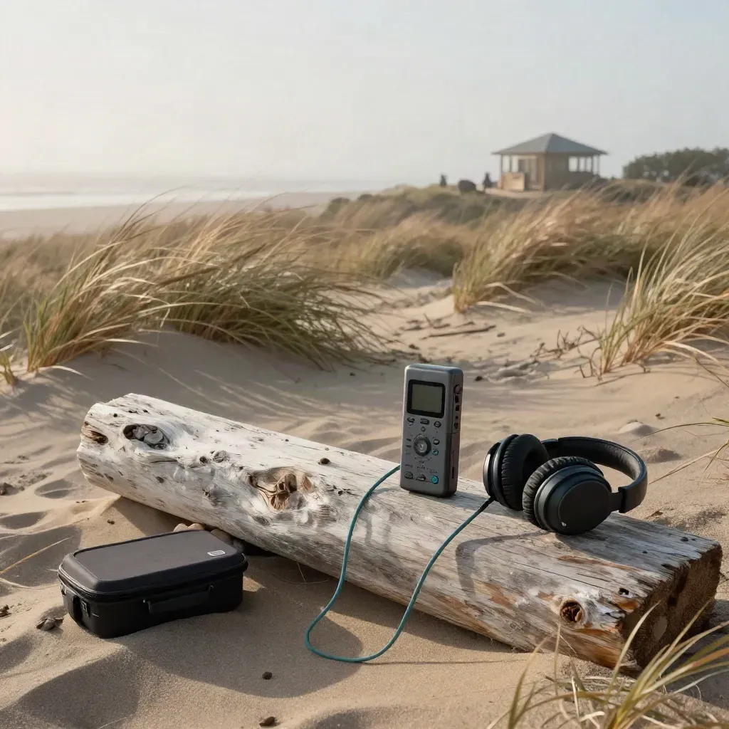 Coastal field with driftwood, recorder and headphones in dawn mist