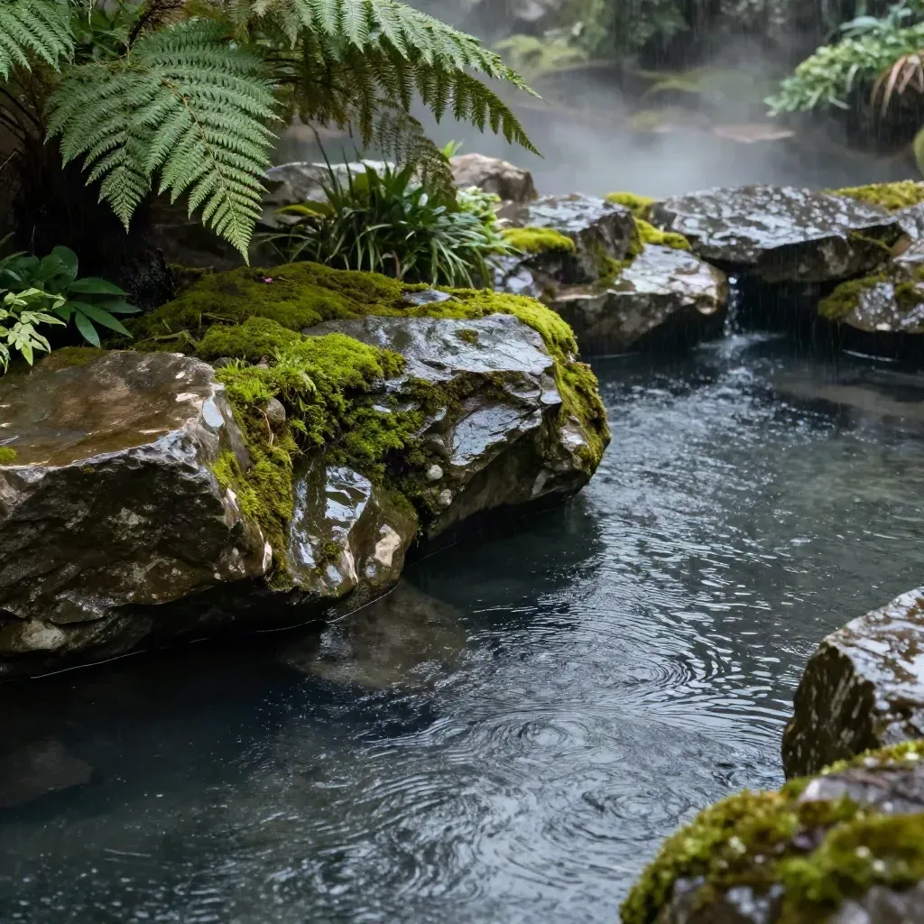 Mossy stone garden and shallow reflective pool with rain shimmer and soft foliage