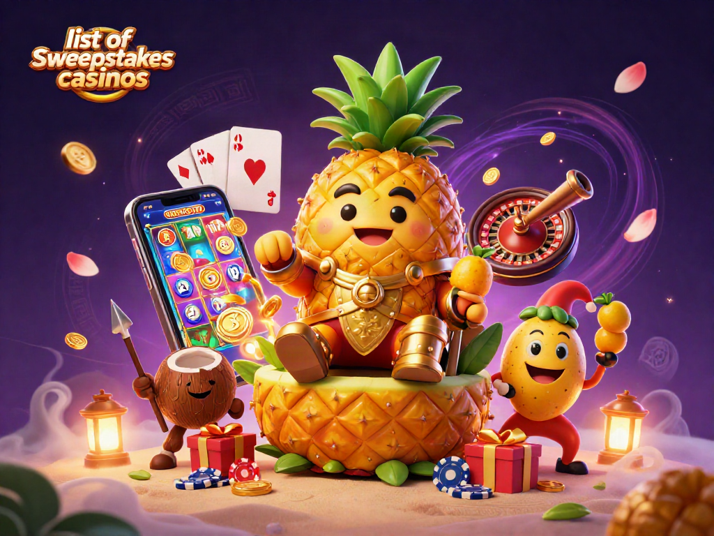 Engaging 3D depiction of a magical beach casino scene with the list of sweepstakes casinos central theme.