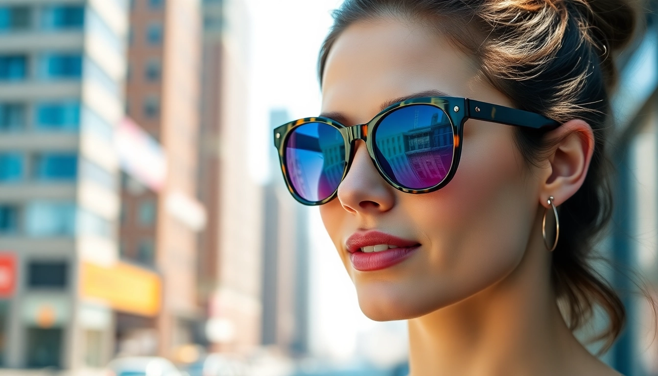 Model showcasing trendy sunglasses for women, exemplifying modern fashion style and vibrant colors.