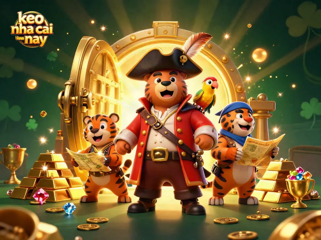 Bet on keo nha cai hom nay with a pirate bear and tiger, surrounded by treasures.