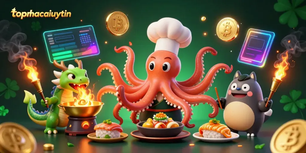 Engage with topnhacaiuytin's vibrant casino scene featuring an octopus chef and dragon amidst crypto elements.