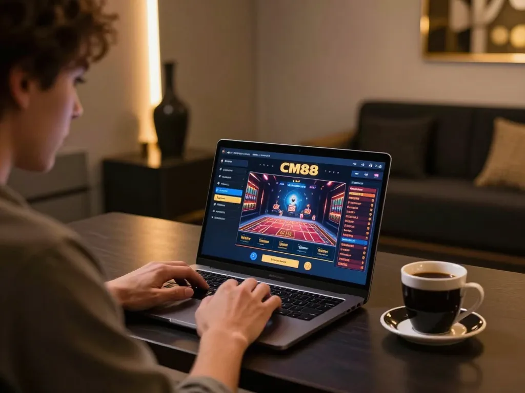 Engaging player using CM88 casino app on laptop in a warm, modern home setting.