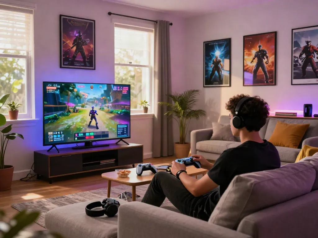 Gamer enjoying online gameplay at home, featuring interactive gaming setup with snacks and colorful LED lights.