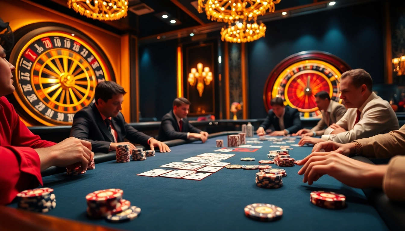 Players strategizing at a luxurious casino table, embodying the excitement of QQ888 Dev gambling.
