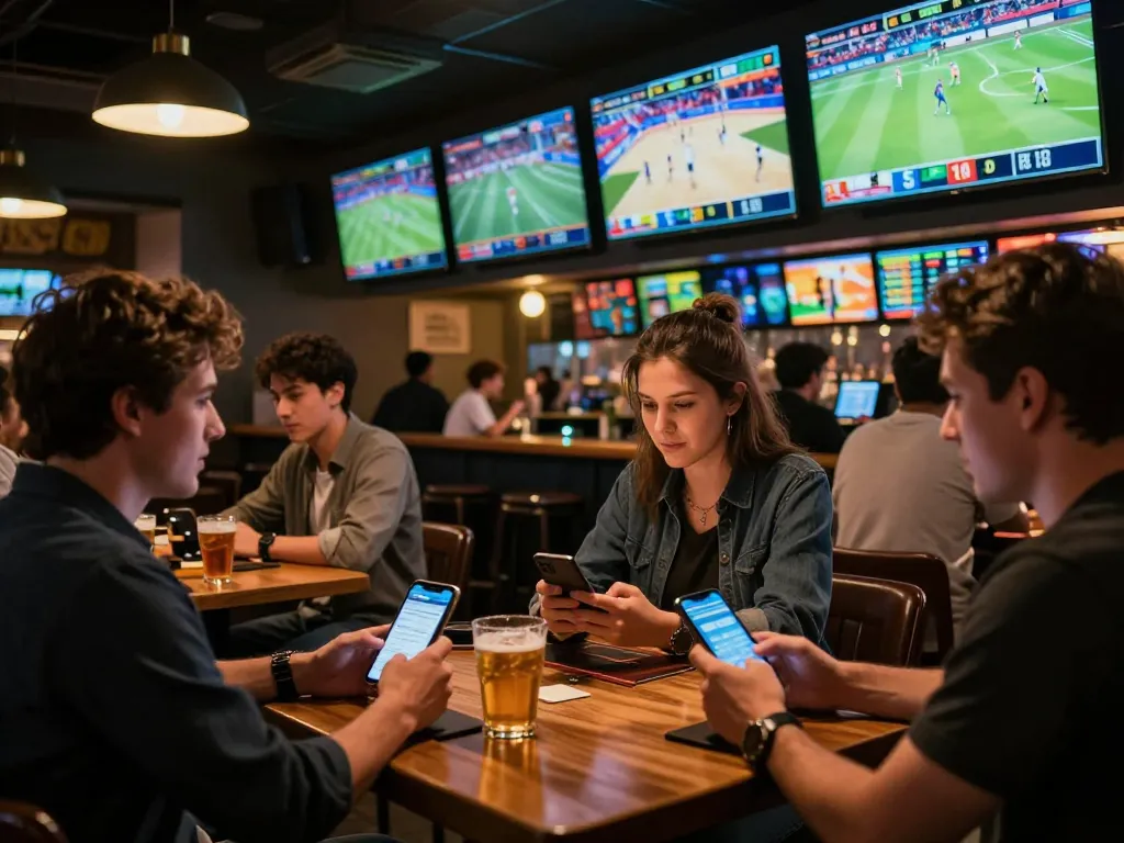 Tỷ lệ kèo nhà cái hôm nay in action as patrons actively engage in sports betting at a lively bar.
