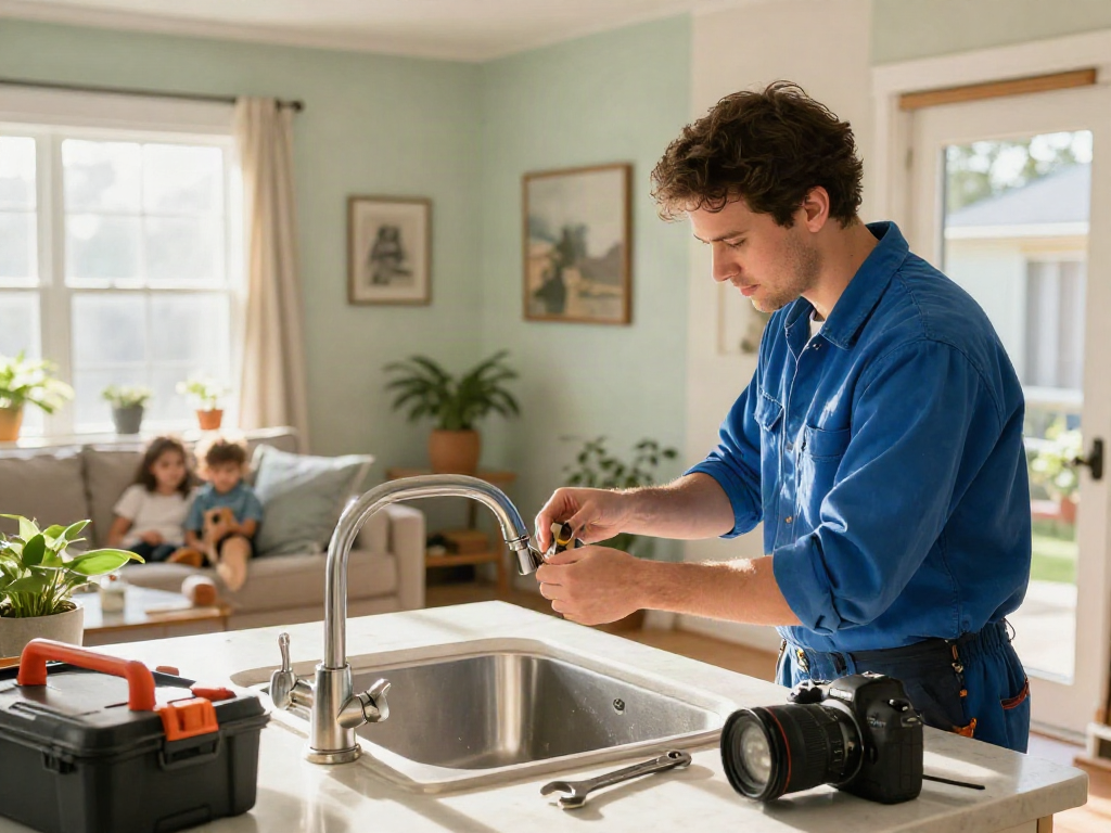 Home repair services Des Moines Iowa - handyman fixing kitchen faucet while tools are spread around in a welcoming living room.