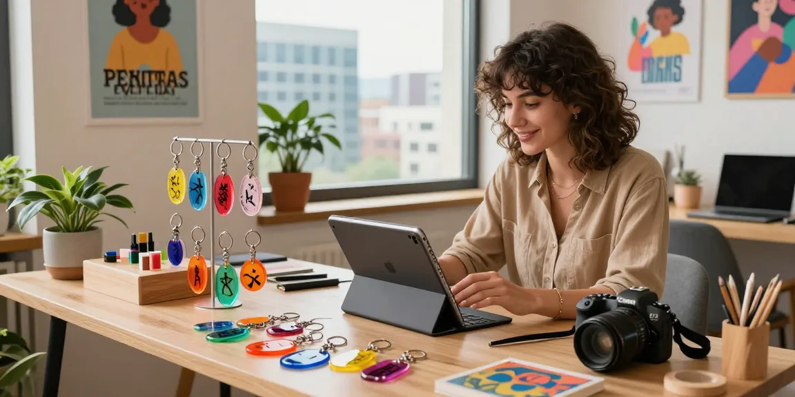 Engaged shopper exploring personalized keychains at a stylish workspace