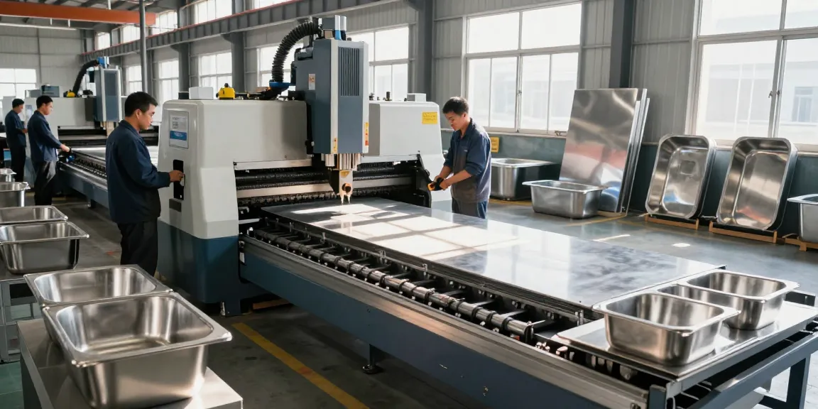 Stainless steel basin factory showcasing skilled workers and advanced manufacturing machinery in a clean industrial environment.