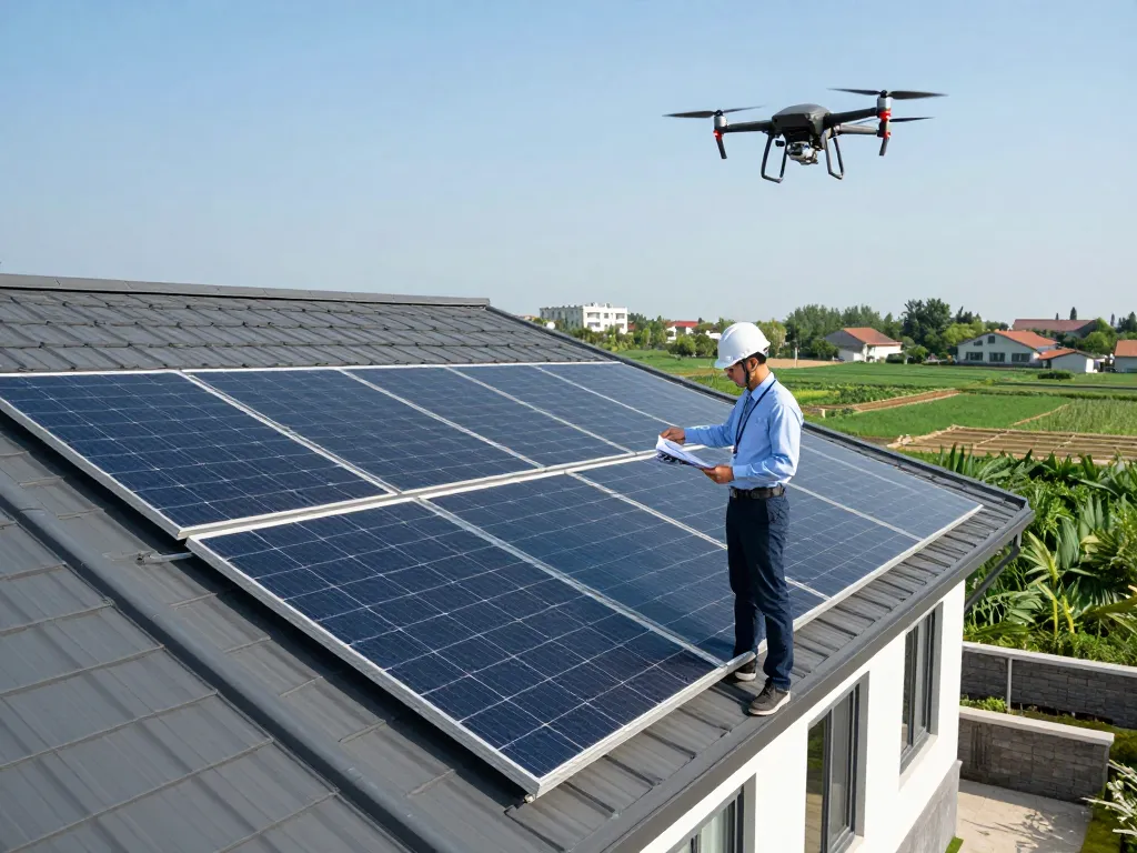 Inspecting solar panel efficiency on rooftop to understand eficiența modulelor fotovoltaice – cum se calculează for sustainable energy solutions.