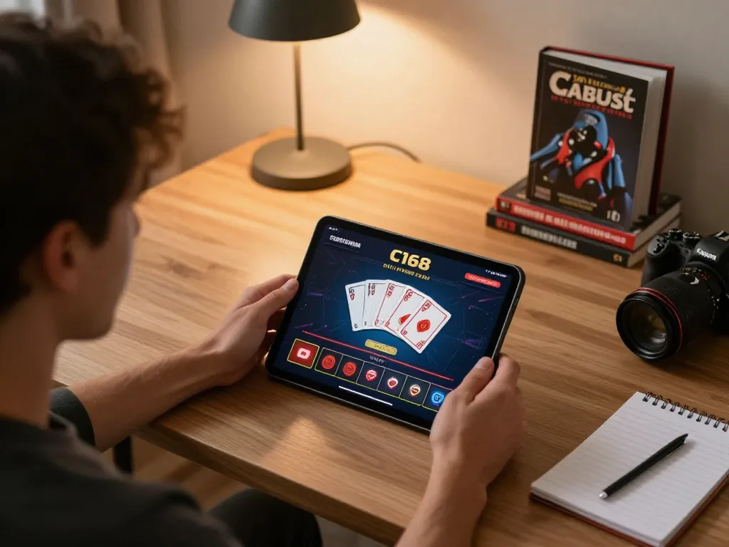C168 gaming scene with a player engaged in online casino action on a tablet, emphasizing strategic gameplay.