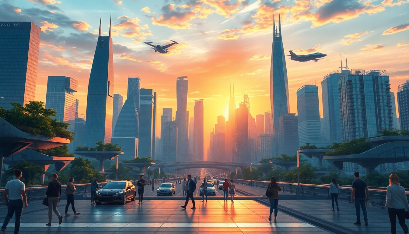 에볼루션을 상징하는 미래 도시의 복잡한 스카이라인과 다양한 사람들.