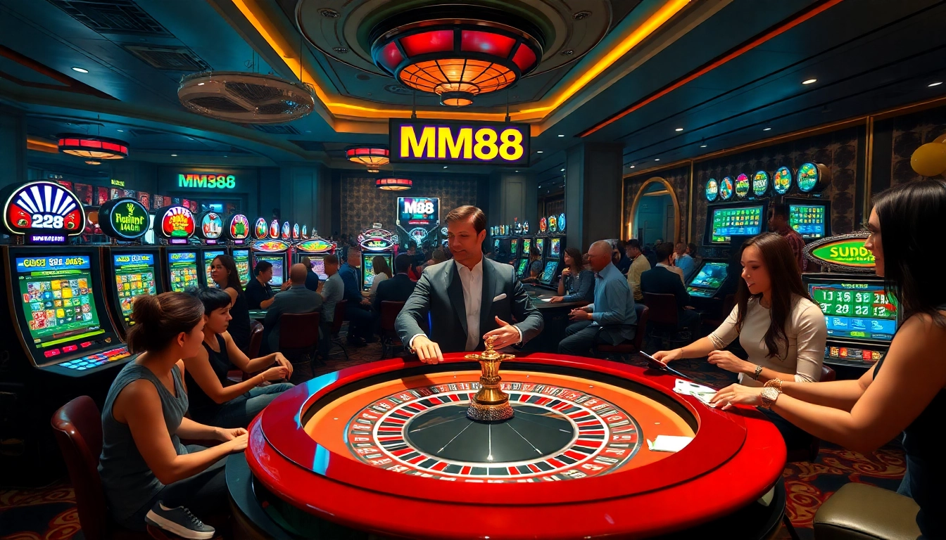Experience the excitement of MM88 with gamblers at a roulette table amidst vibrant slot machines.