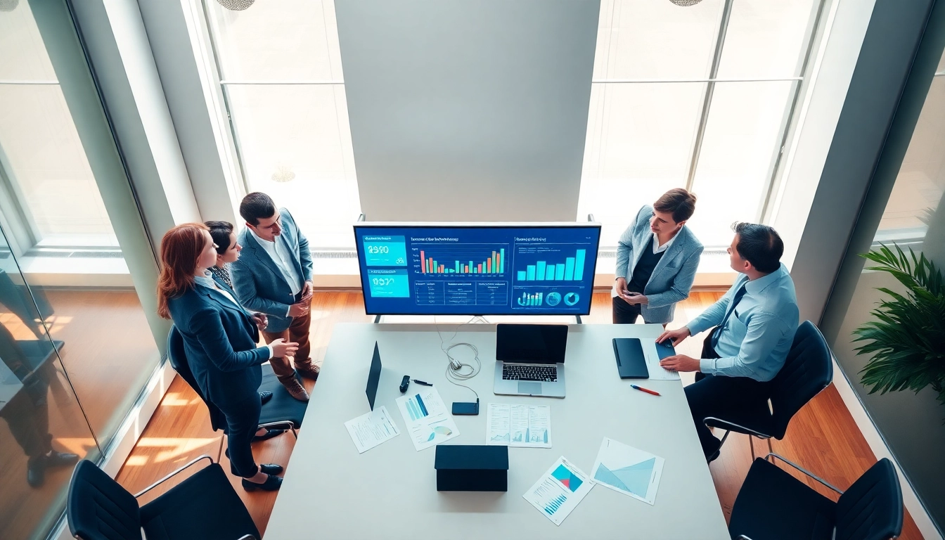 Quickplus Business Consultants strategizing in a modern office setting with vibrant visuals.