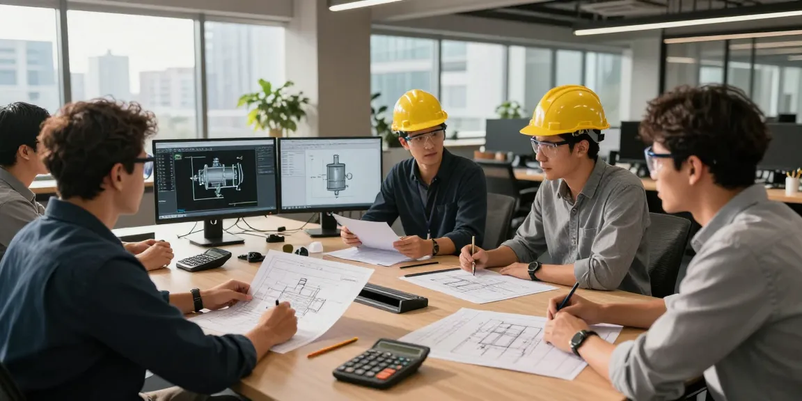 Engineers collaborating on Pressure Vessel Design blueprints in a modern office.