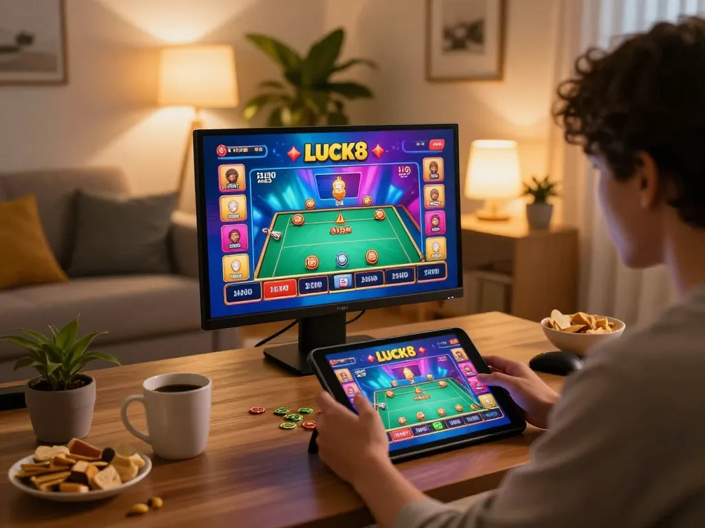 Engaging gameplay at Luck8 casino on tablet in a cozy living room setting