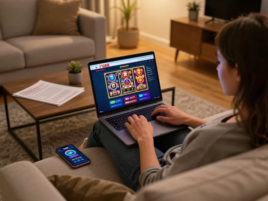Player enjoying tg88 casino games on a laptop, emphasizing home gaming comfort and strategic fun.