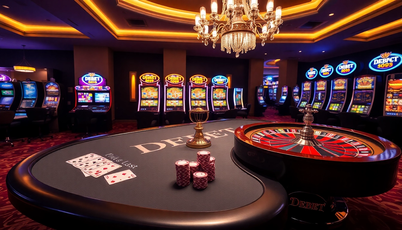Engaged players at a DEBET poker table in a vibrant casino environment.
