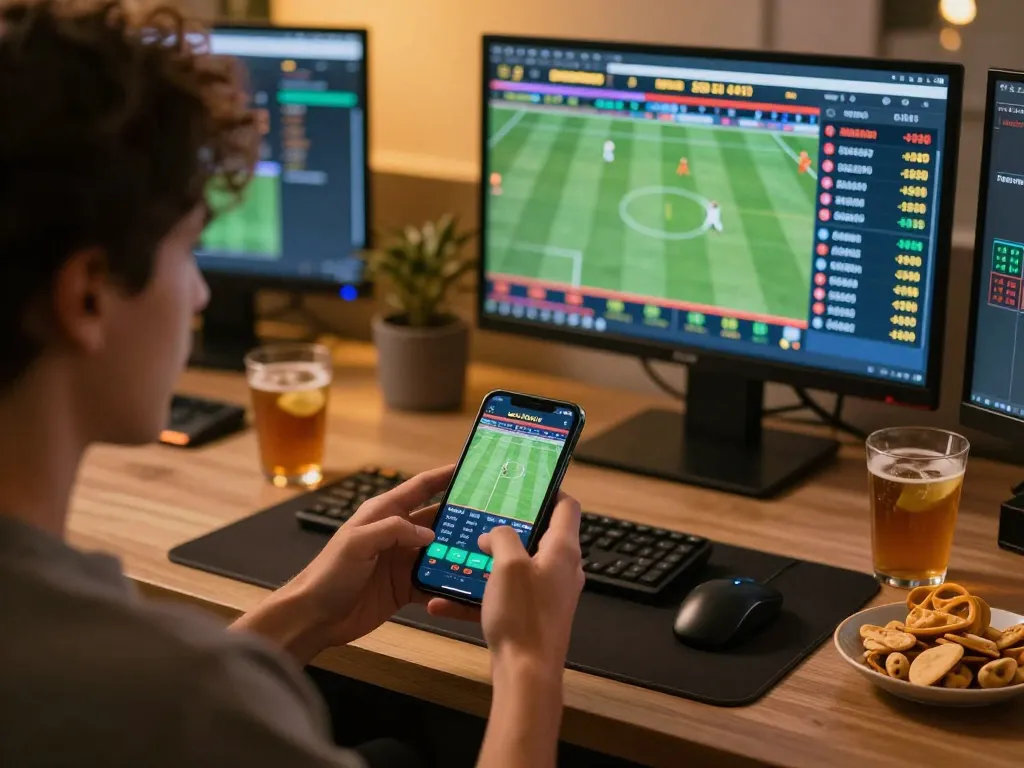 Engaged gamer using a smartphone for 79so do sports betting while monitoring live odds on screens.