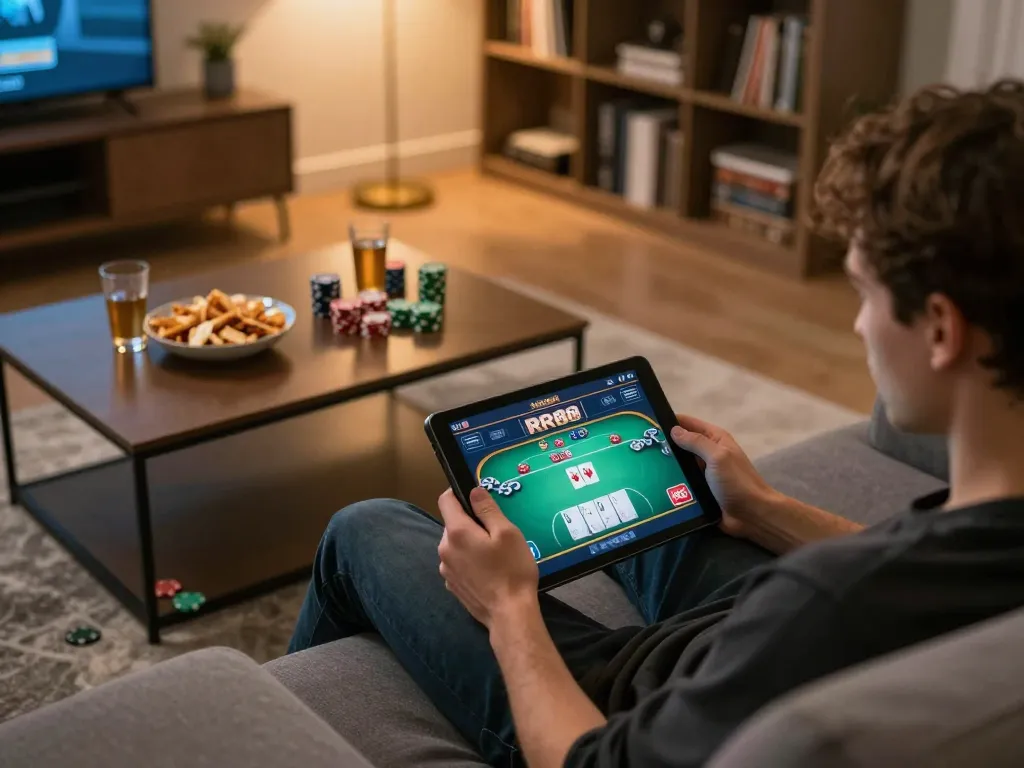 Engaging online poker gameplay at home, featuring RR88 platform on tablet.