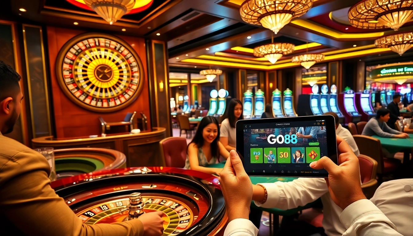 GO88 players enjoying a thrilling game at a luxurious casino atmosphere.