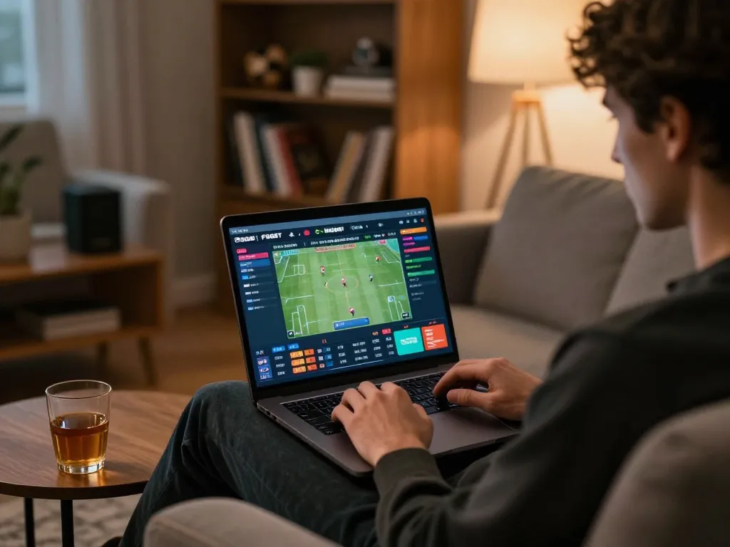 Cá cược Fabet player analyzing odds on a laptop in a cozy home setting.