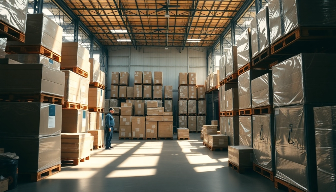 Visualize wholesale liquidation & nationwide shipping with a vibrant warehouse filled with organized pallets.