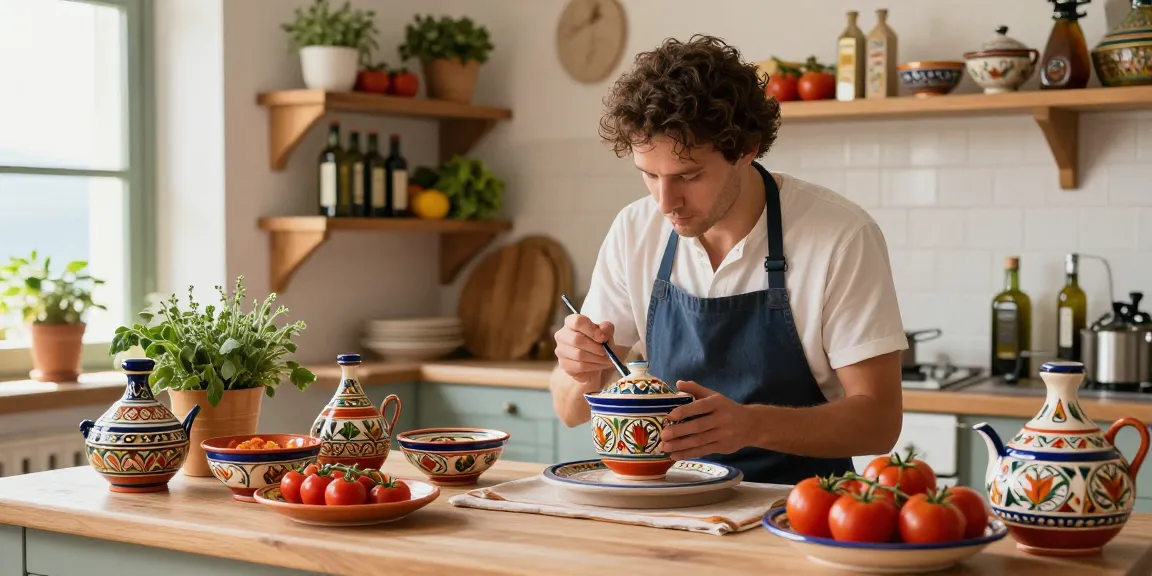 Authentic Deruta pottery being crafted in a traditional Italian kitchen, surrounded by fresh ingredients.