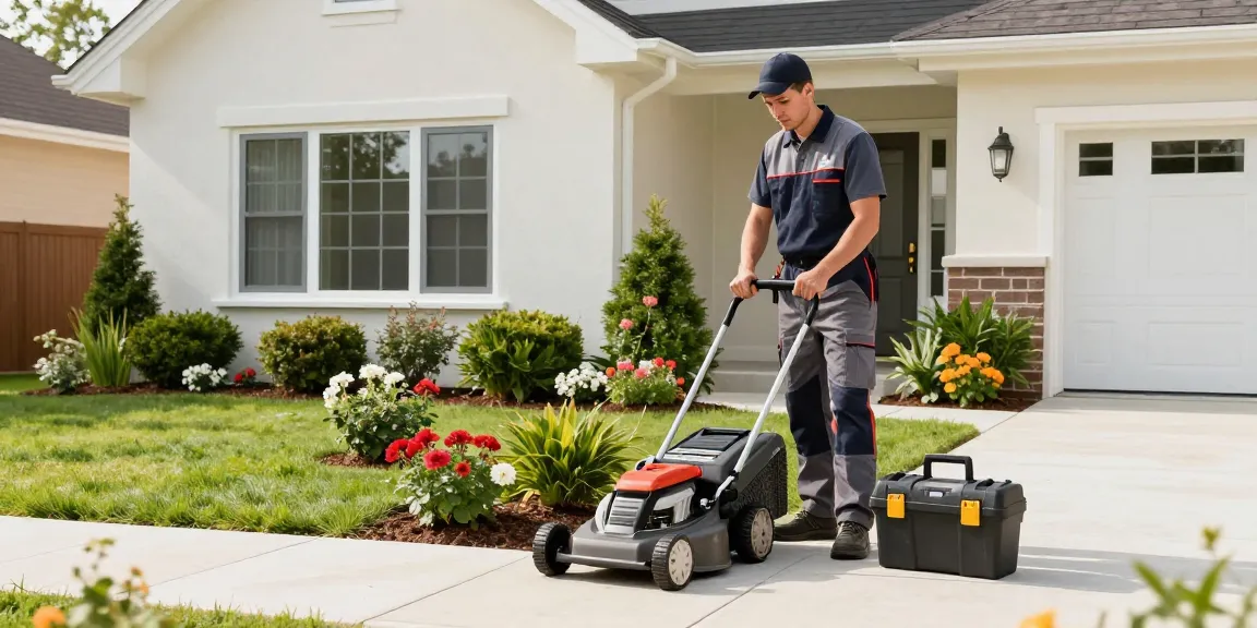 House maintenance technician providing hauswartung solothurn services, showcasing landscaping tools and a well-kept residential property.