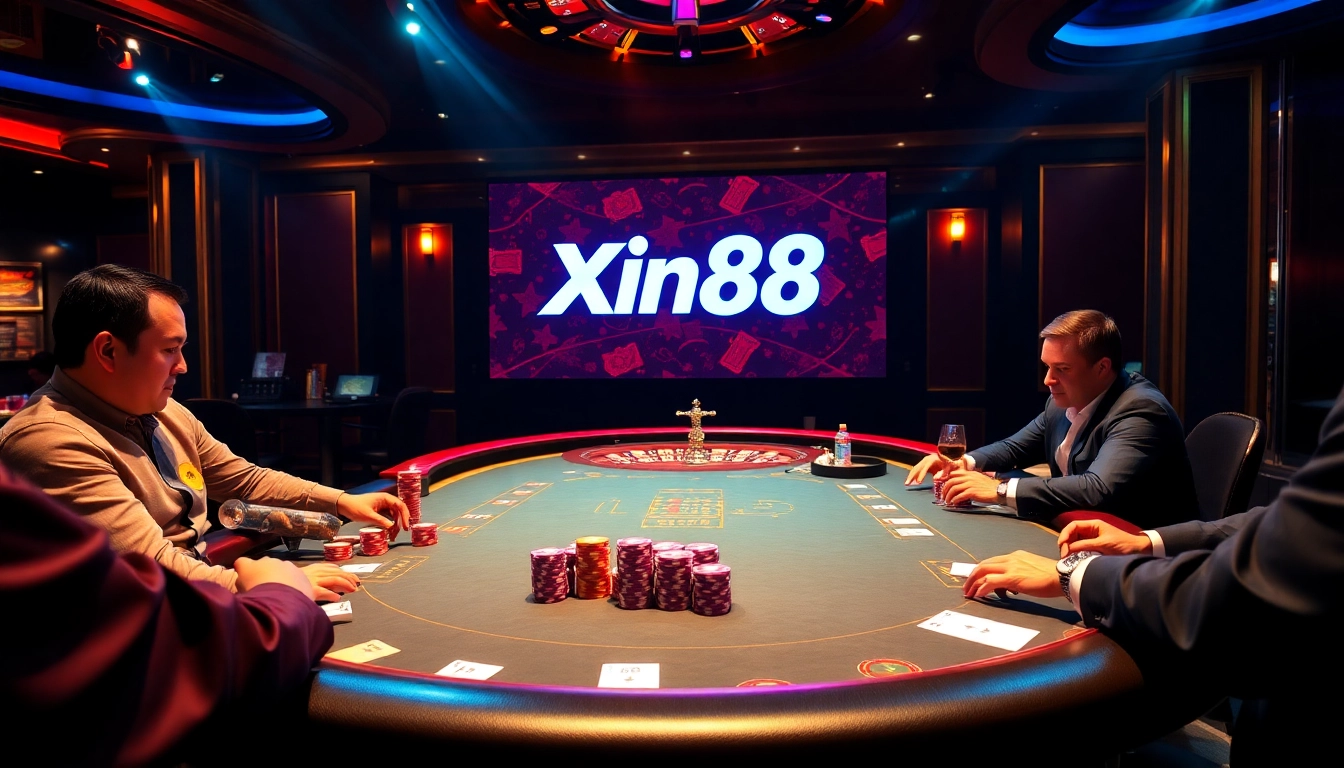 Experience thrilling poker action at Xin88's vibrant casino table with colorful chips and stakes.