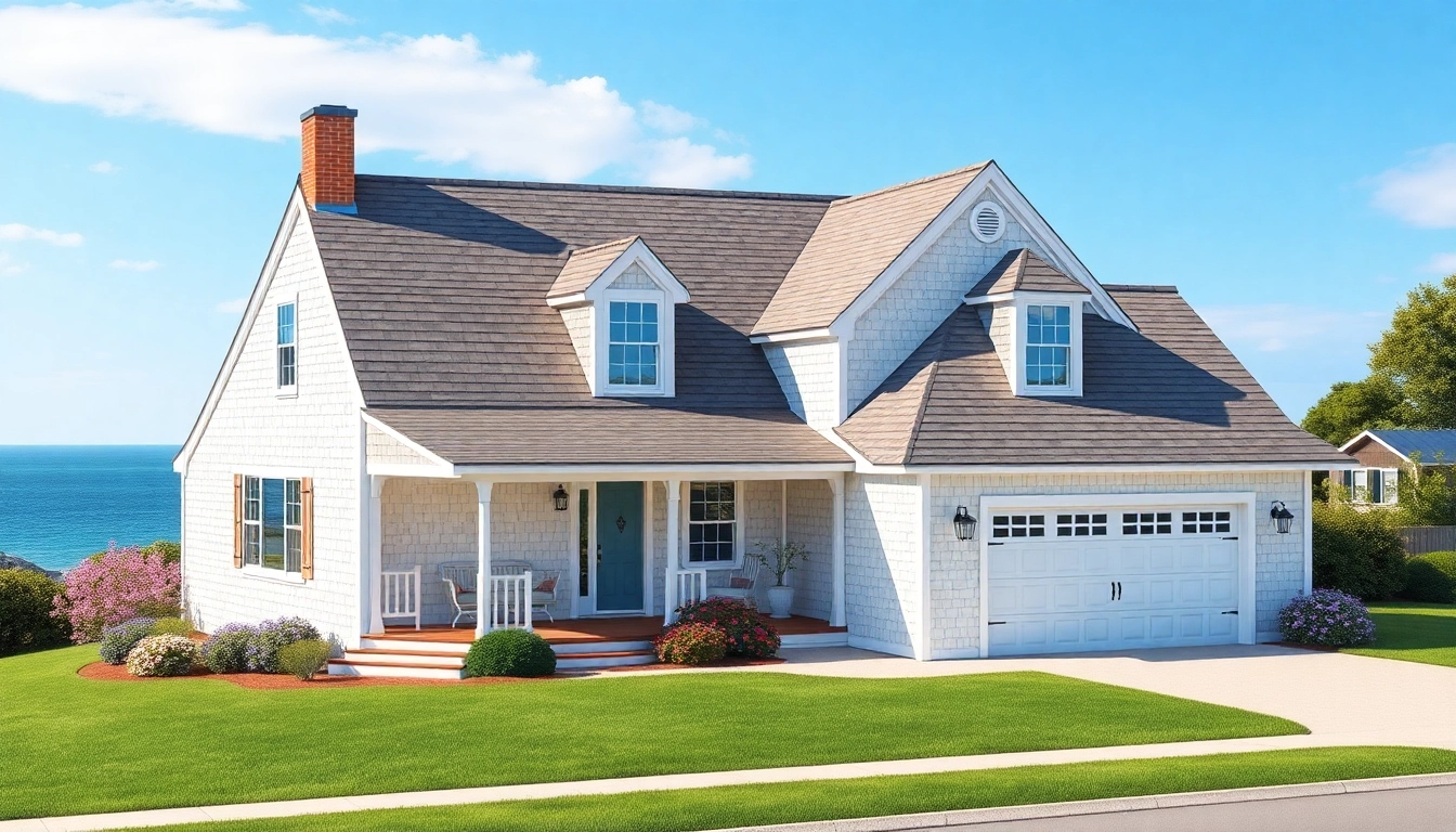 Showcase of a beautiful Cape Cod home with an attached garage surrounded by a serene coastal landscape.