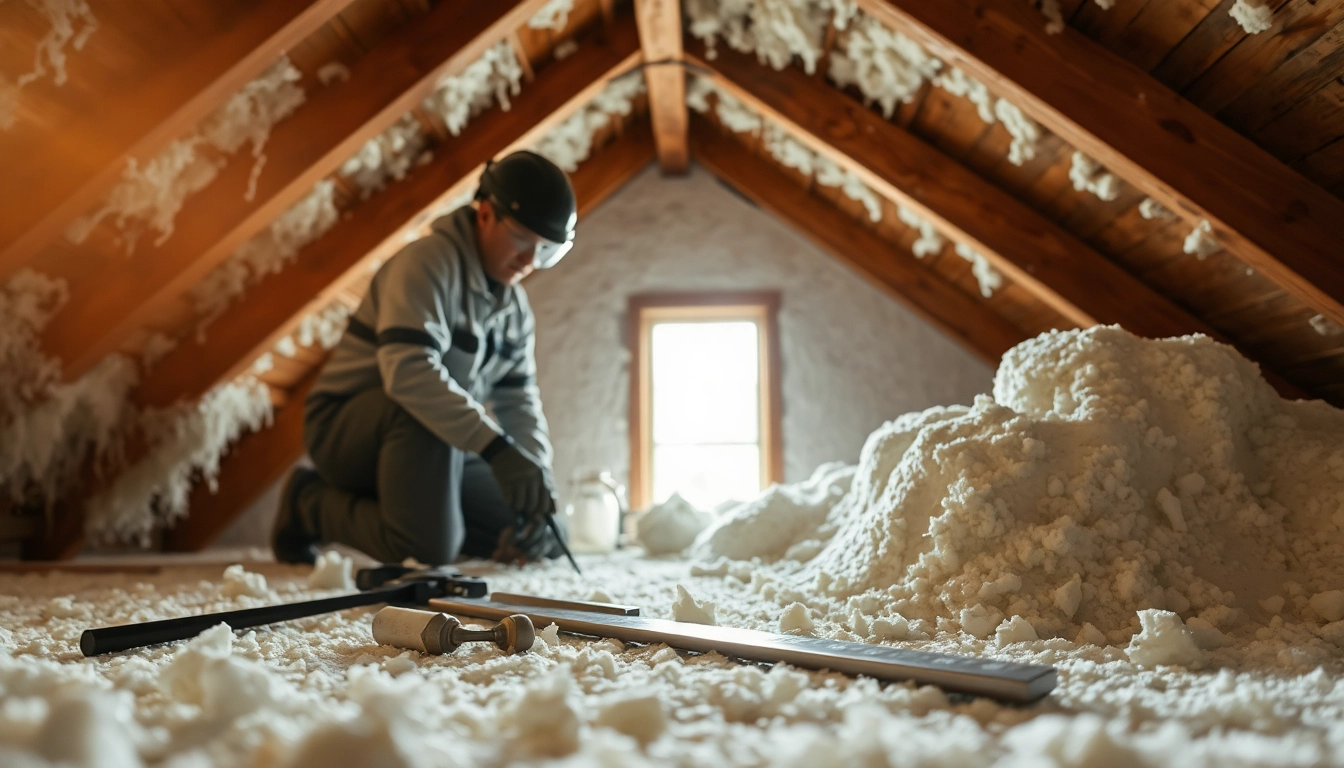 Technician performing spray foam insulation removal in a residential attic with protection gear.