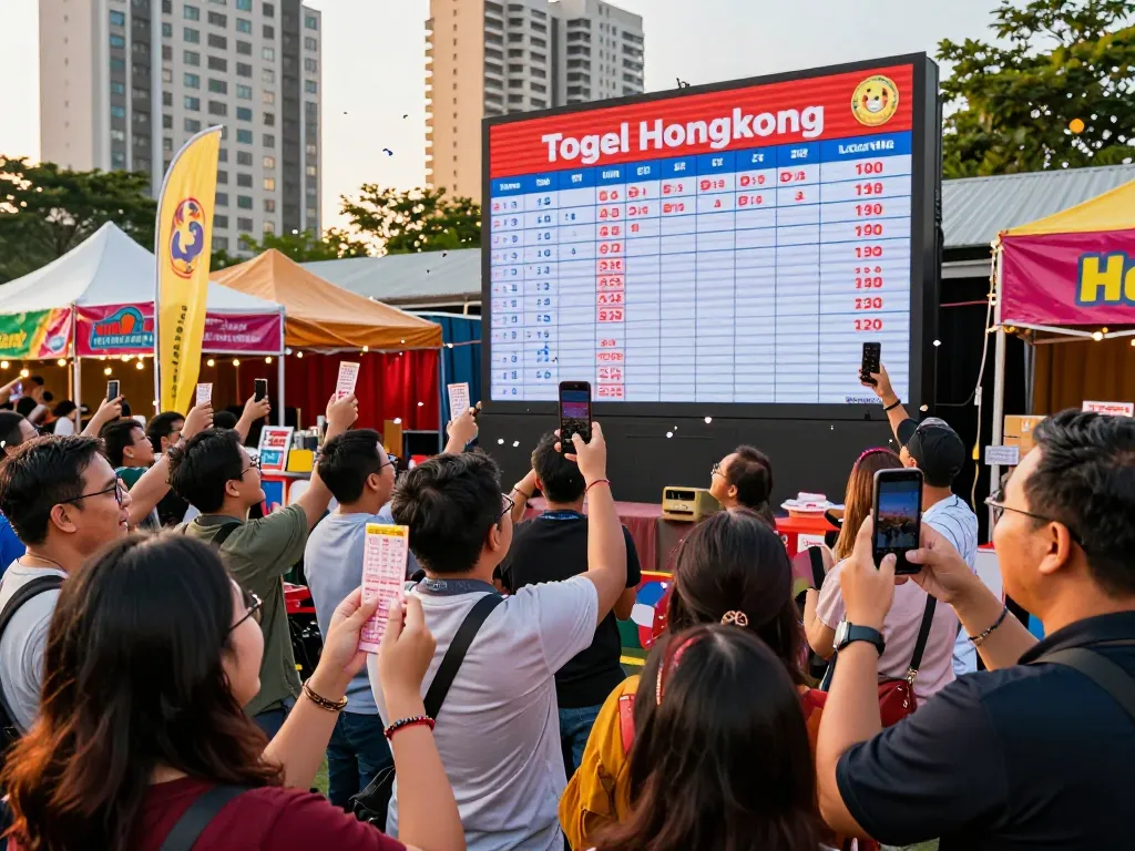 Perayaan hasil Togel Hongkong di acara undian lotere luar ruangan dengan pemain antusias dan tampilan digital.