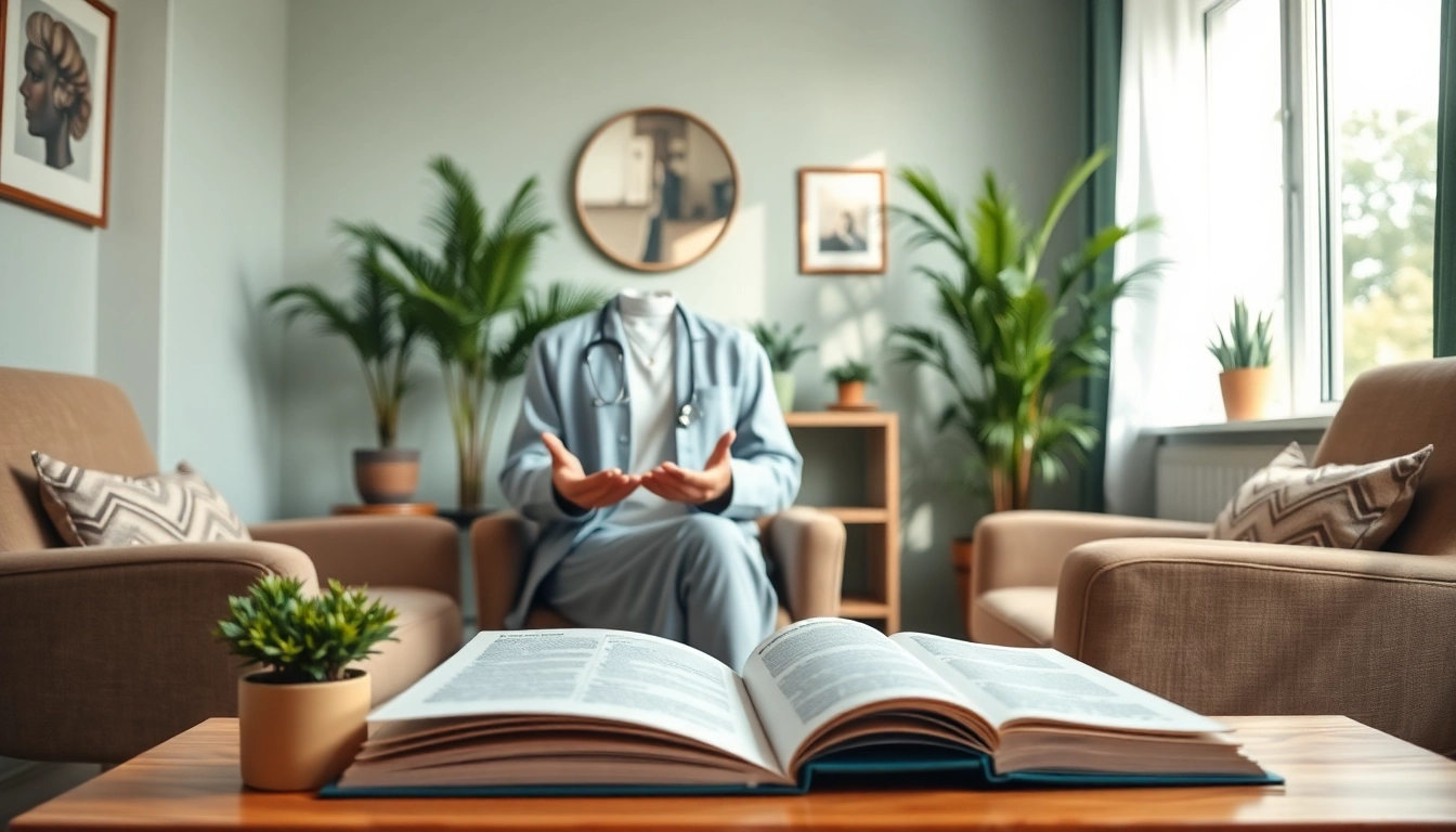 Provide mental health tips in a serene therapeutic setting with calming colors and inviting lighting.