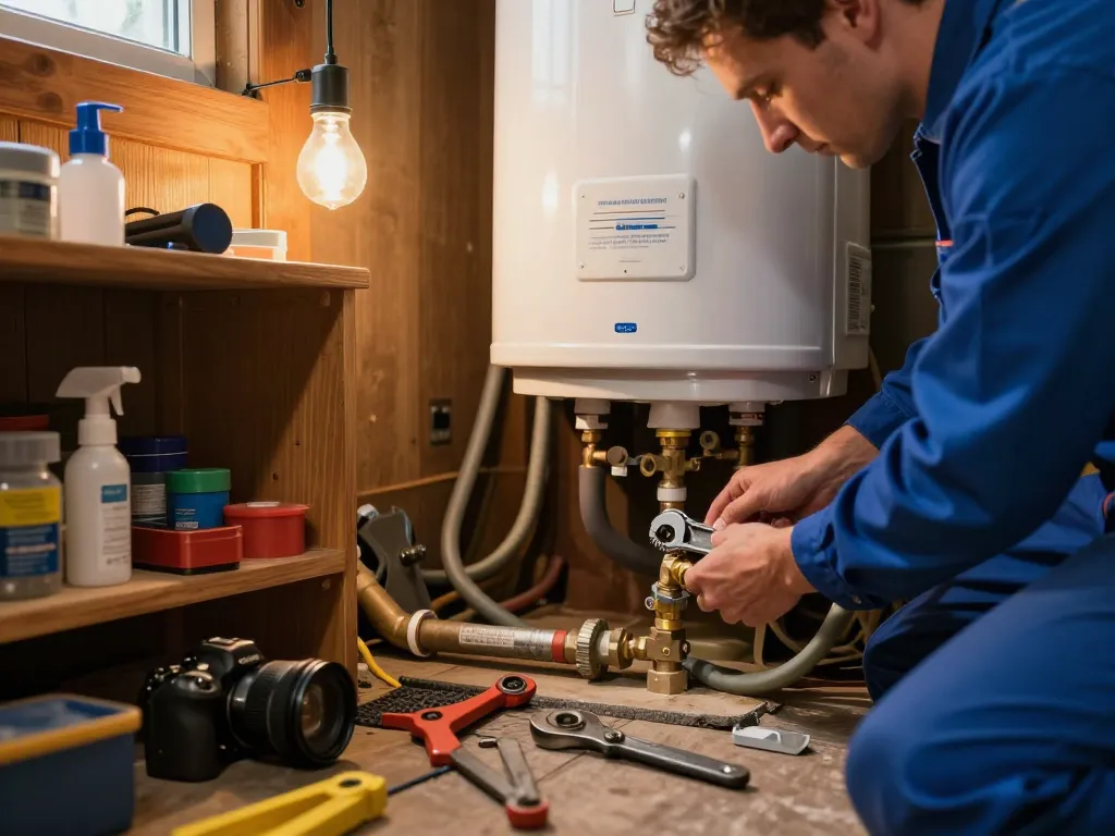 Expert water heater repair Rapid City technician working on maintenance in a cozy basement utility area.