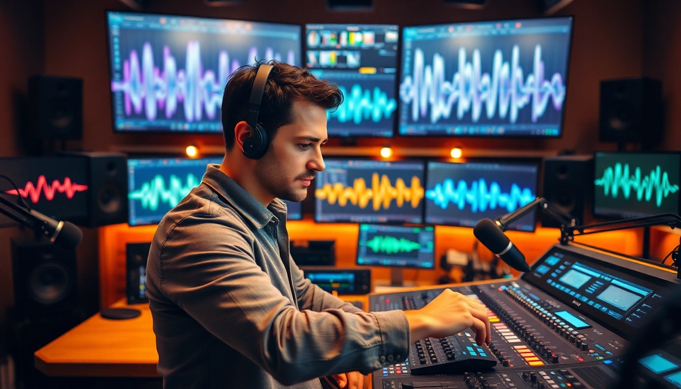 Experience online mastering with a professional audio engineer at work in a vibrant studio.
