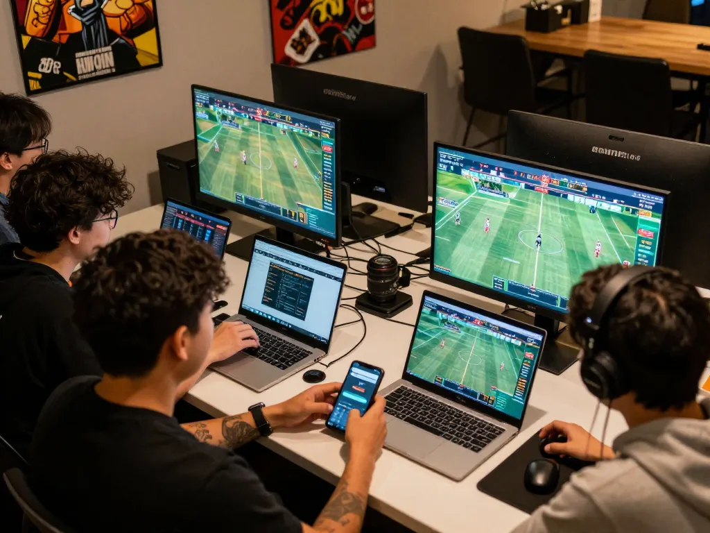 Kuwin sports enthusiasts placing live bets on laptops and smartphones for an interactive gaming experience